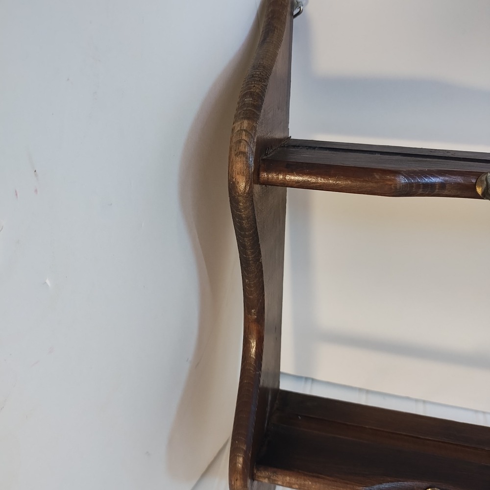 VTG Wood Wall Shelf Cup Saucer Plate 2 Tier Rack 6 Hook Farmhouse Country Retro - Picture 5 of 16